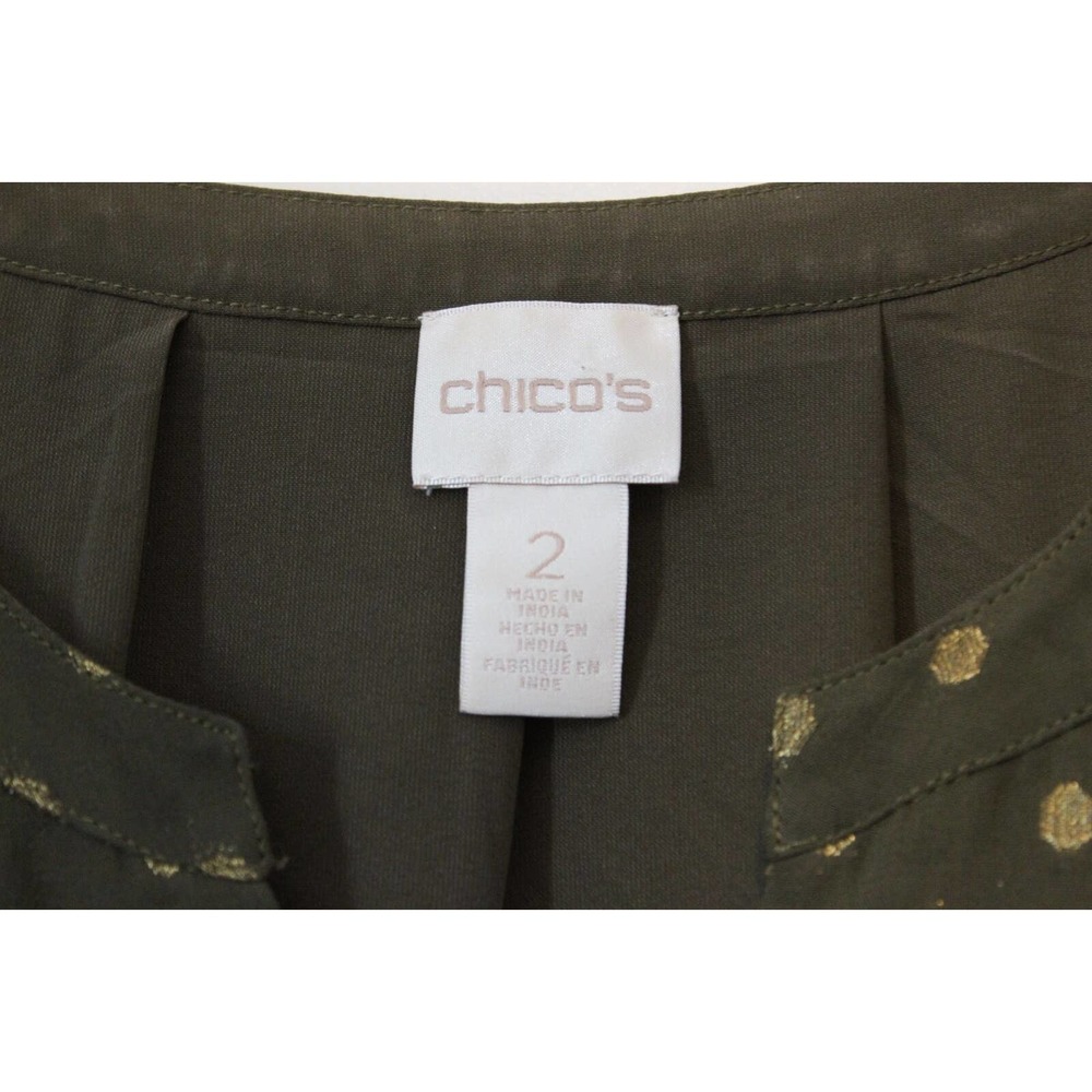 Chico's Dot Jacquard Peasant Top Green Gold Metallic Floral Size 2 12 H14724 - Picture 5 of 11